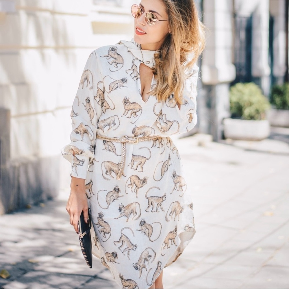 H&M Crown Monkey Print Scarf Tie Neck Dress Size 2 🐒🐒🐒